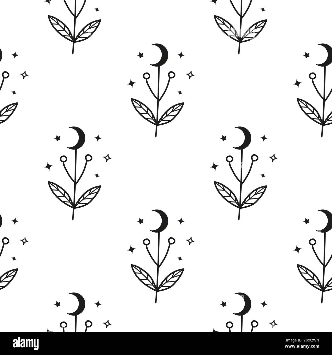 Black and white seamless pattern with celestial moon flowers. Boho ...