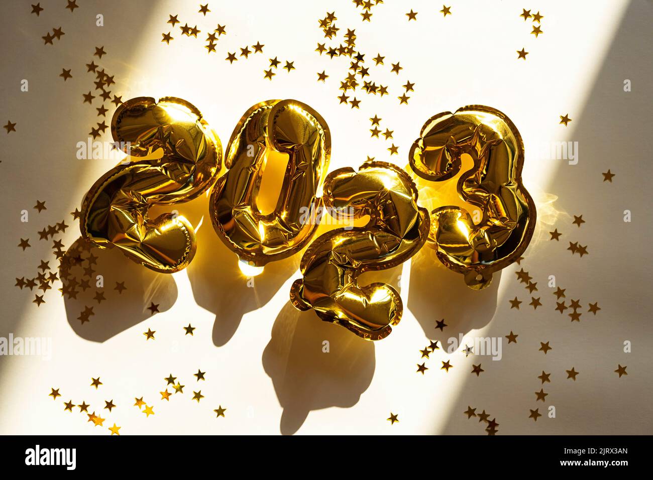 2023 number made from foil golden balloons. New year concept. Stock Photo