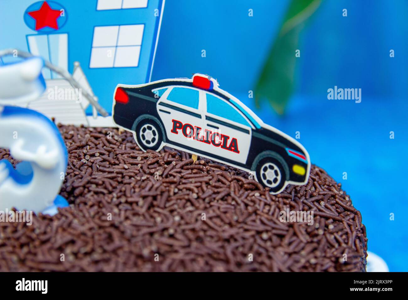 Birthday decoration of 5 years with theme of police, used in a party in Rio de Janeiro. Stock Photo