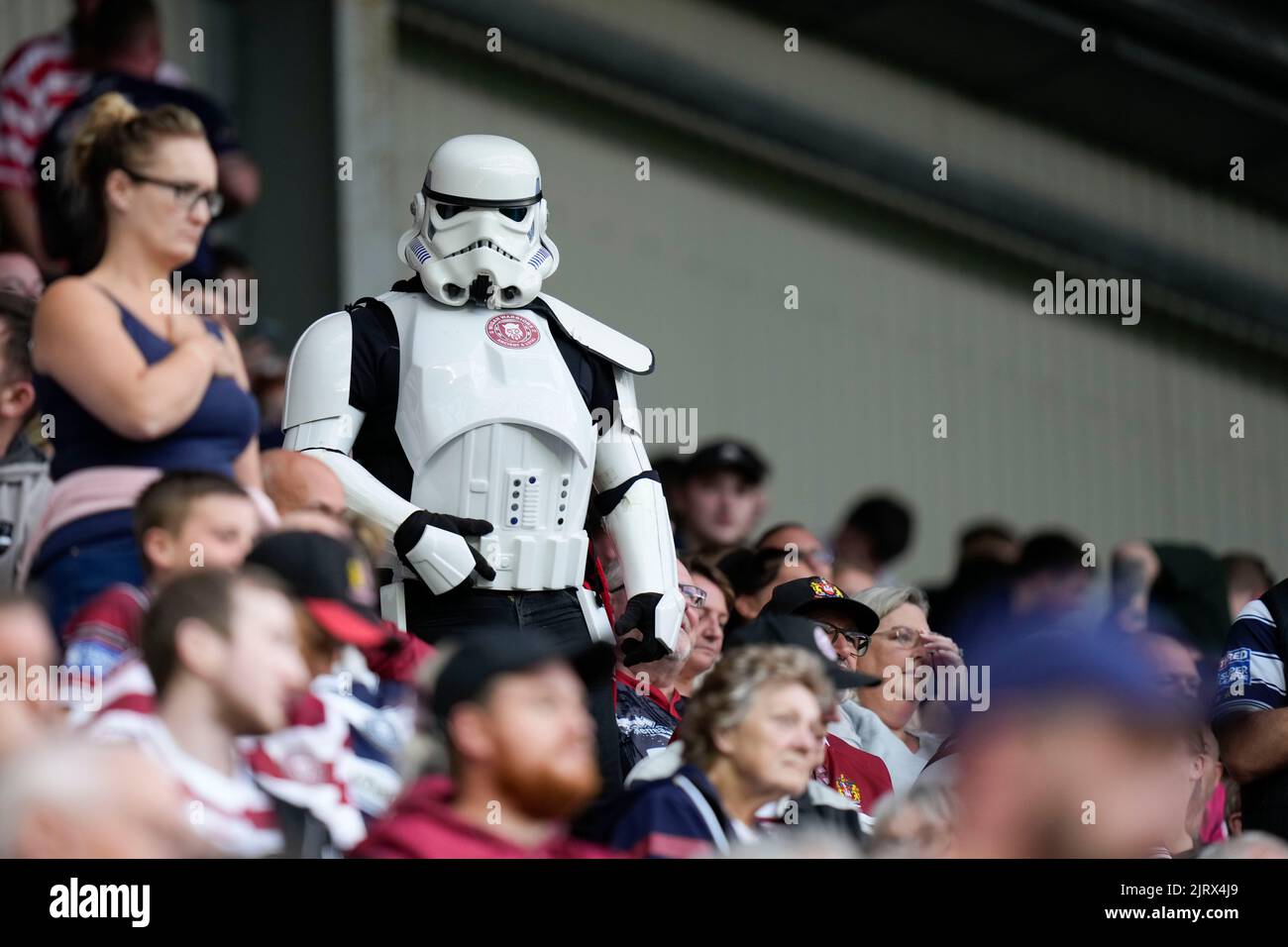 Wigan, UK. 26th Aug, 2022. A Wigan Warriors fan dressed as a Stormtrooper waits for the local derby to commence in Wigan, United Kingdom on 8/26/2022. (Photo by Steve Flynn/News Images/Sipa USA) Credit: Sipa USA/Alamy Live News Stock Photo
