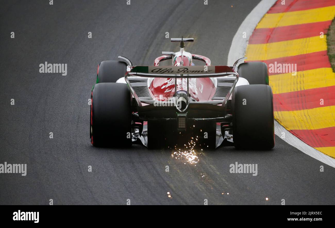 Spa, Belgium. 26th Aug, 2022. August 26, 2022: Alfa Romeo #77 Valtteri  Bottas from Finland sprays sparks as he drives through Raidillon during the  second practice session of F1 Rolex Grand Prix