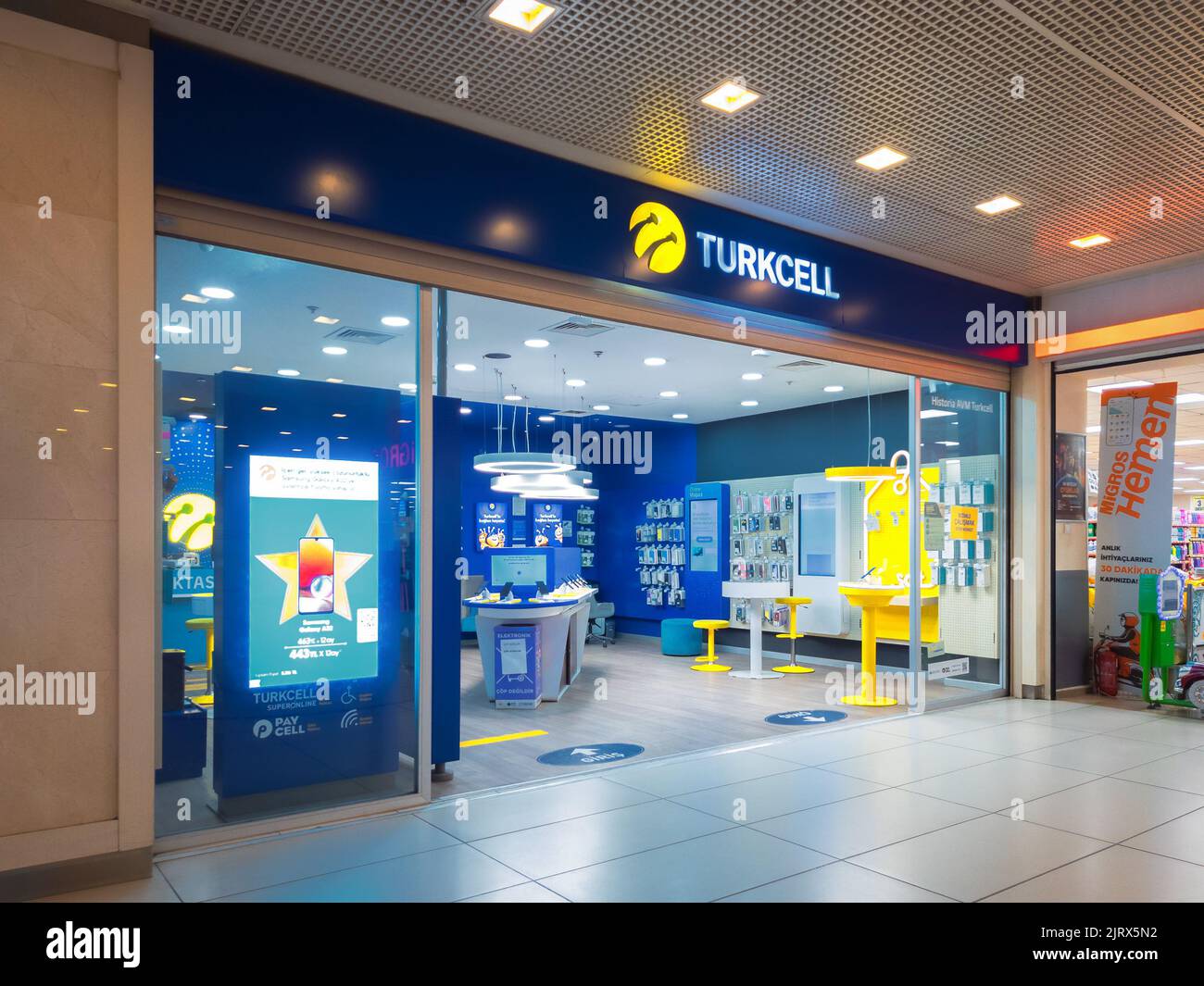 Istanbul, Turkey - Mar 20,2022: Landscape Close-up View of Turkcell Store, Turkcell is a Turkish Cell Phone Carrier and Internet Service Provider, It Stock Photo