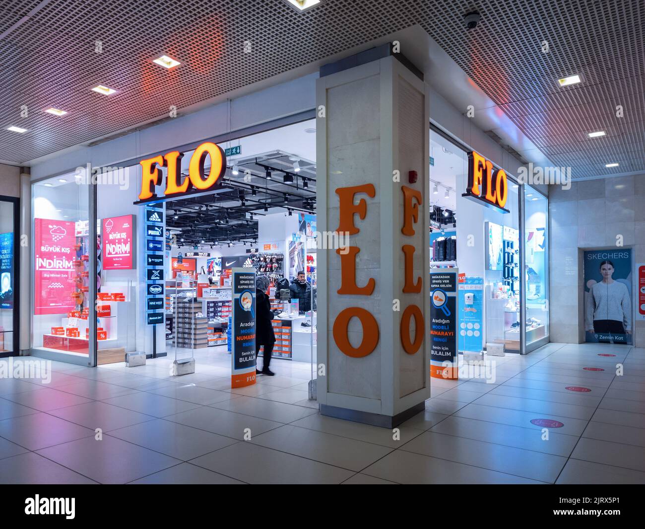 Istanbul, Turkey - Mar 20, 2022: Landscape Close-up View of FLO Footwear Store. Stock Photo