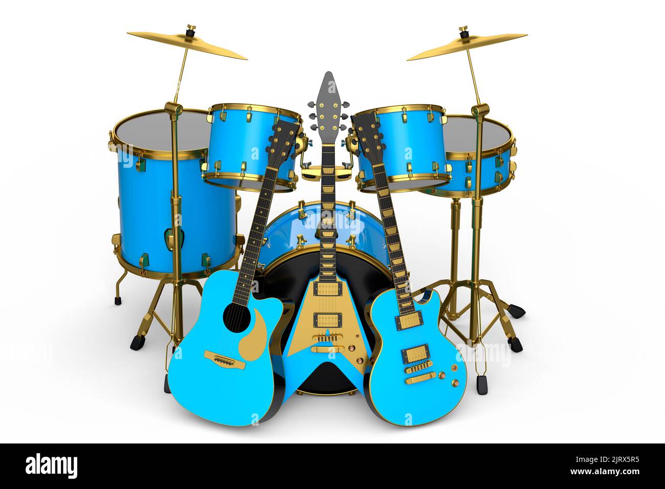 Set of realistic drums with metal cymbals on stands and acoustic