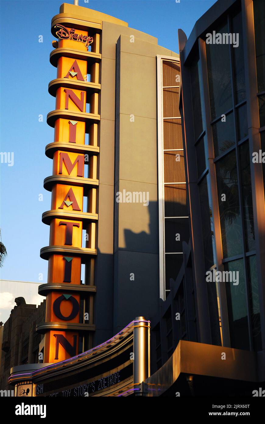 An Animation studio, with an art deco marquee, in Disneyland's California Adventure houses a demonstration of how animated movies are created Stock Photo