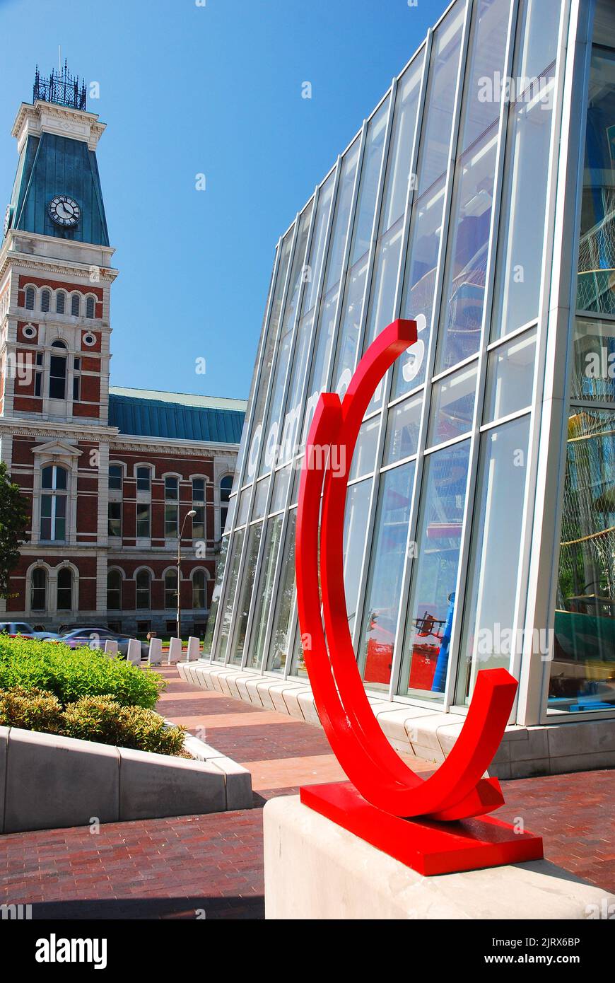 The modern Columbus Commons Mall is in stark contrast with the historic