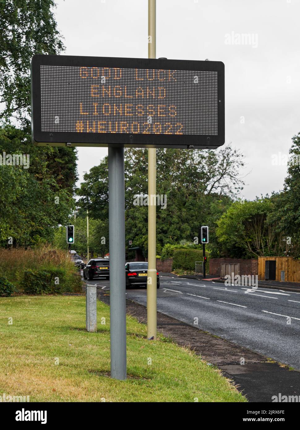 Road sign wishing good luch to the England womens football team before they won the 2022 world cup Stock Photo