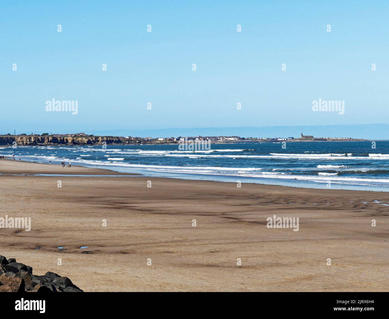 View over sandy beaches at Cambois and Newbiggin by the Sea in Northumberland, UK Stock Photo