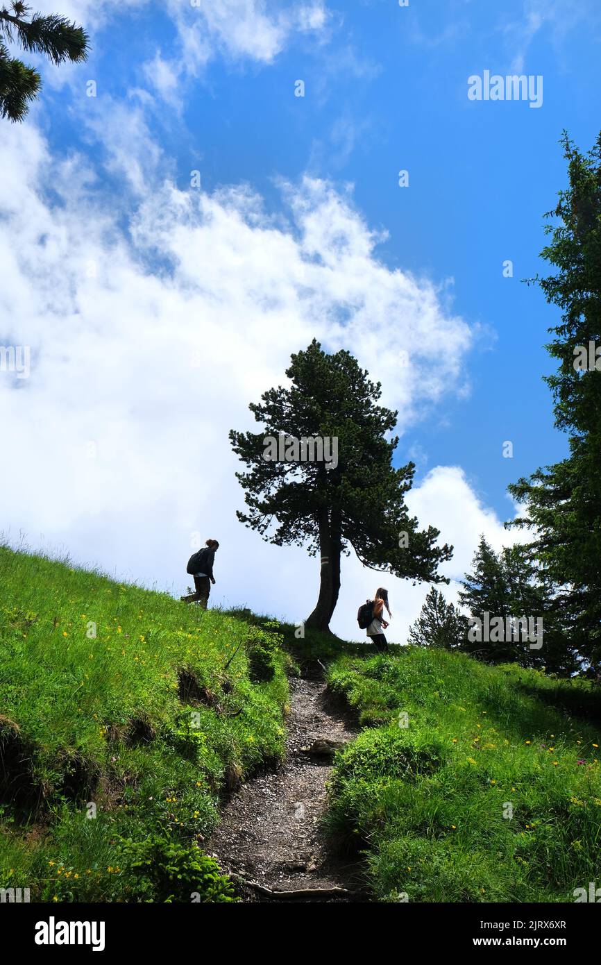 Hiking on the trail to Oeschinen Lake (Oeschinensee) in  Kandersteg, the Bernese Oberland, Switzerland, part of the UNESCO World Heritage Site Stock Photo