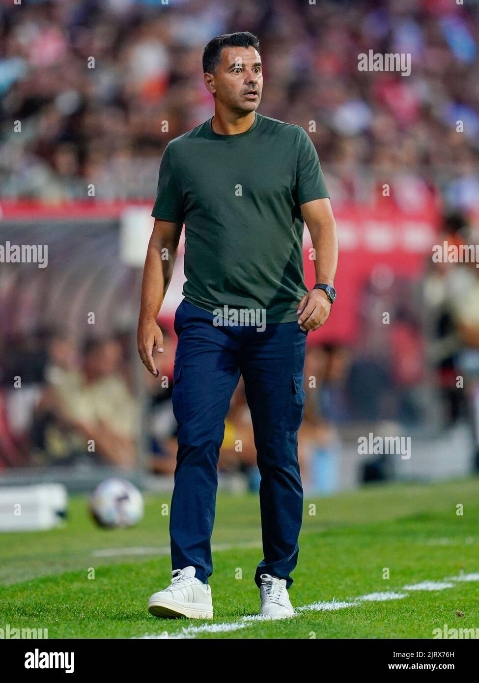 Girona, Spain. 26th Aug, 2022. Girona FC head coach Miguel Angel Sanchez Michel during the La Liga match between Girona FC and RC Celta played at Montilivi Stadium on August 26, 2022 in Girona, Spain. (Photo by Sergio Ruiz / PRESSIN) Credit: PRESSINPHOTO SPORTS AGENCY/Alamy Live News Stock Photo