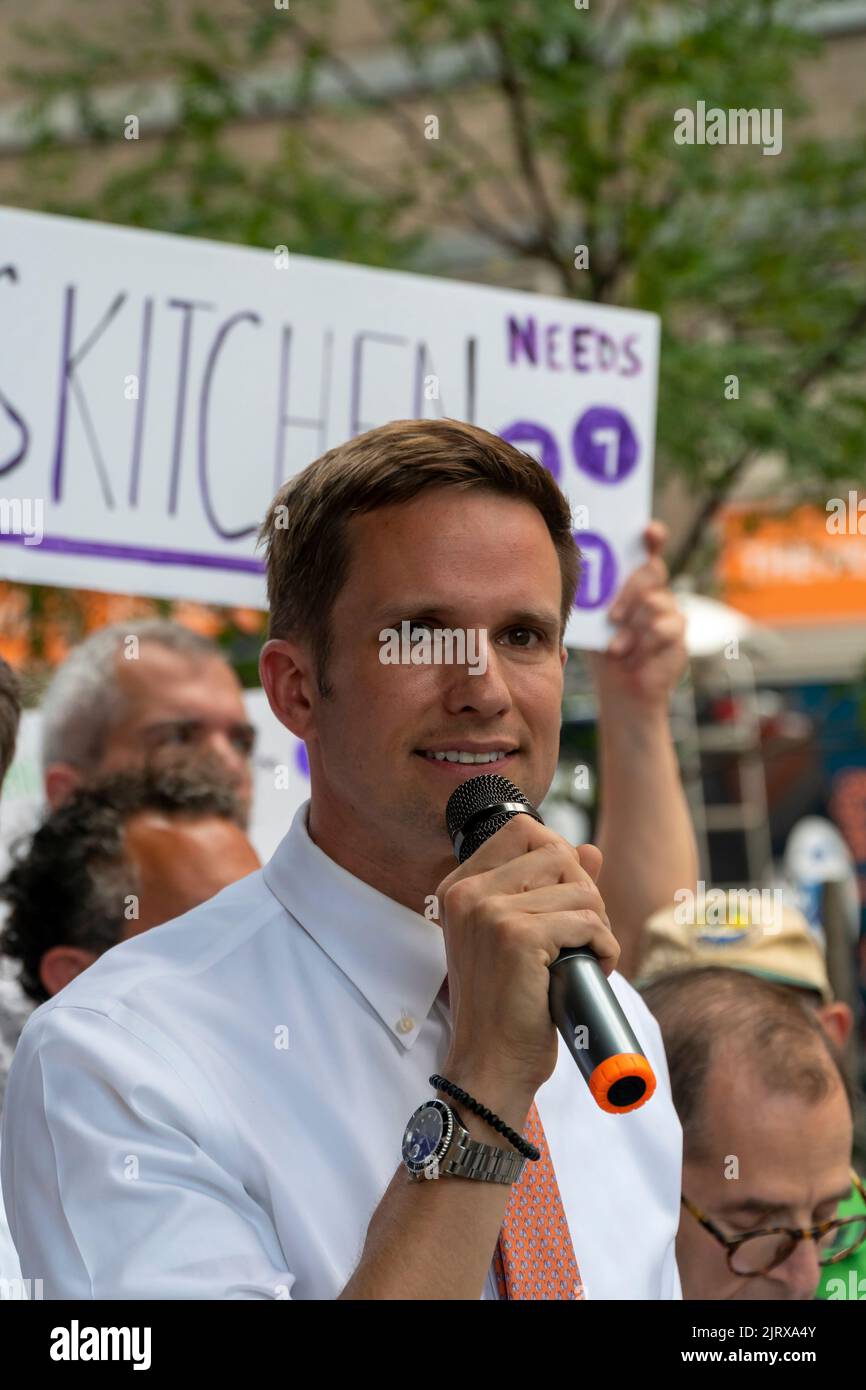 NYC Council Member Erik Bottcher joins transit advocates, elected officials and local leaders at a rally in the Hell’s Kitchen neighborhood  in New York on Tuesday, August 9, 2022 calling on the MTA to build the Tenth Avenue and 41st Street subway station that was originally planned on the Flushing Line Extension but was dropped because of costs. The area has achieved considerable growth in population and the station, which is actually excavated, would alleviate the distance residents have to walk to get to a train.  (© Richard B. Levine) Stock Photo