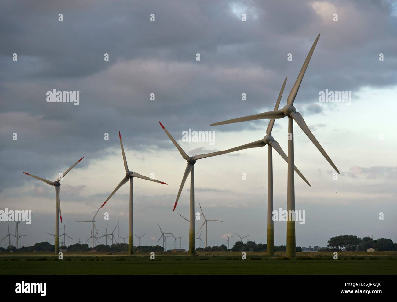 Wind turbines against a gloomy sky, Oldenswort-Moordeich wind farm,  Oldenswort, Schleswig-Holstein, Germany Stock Photo