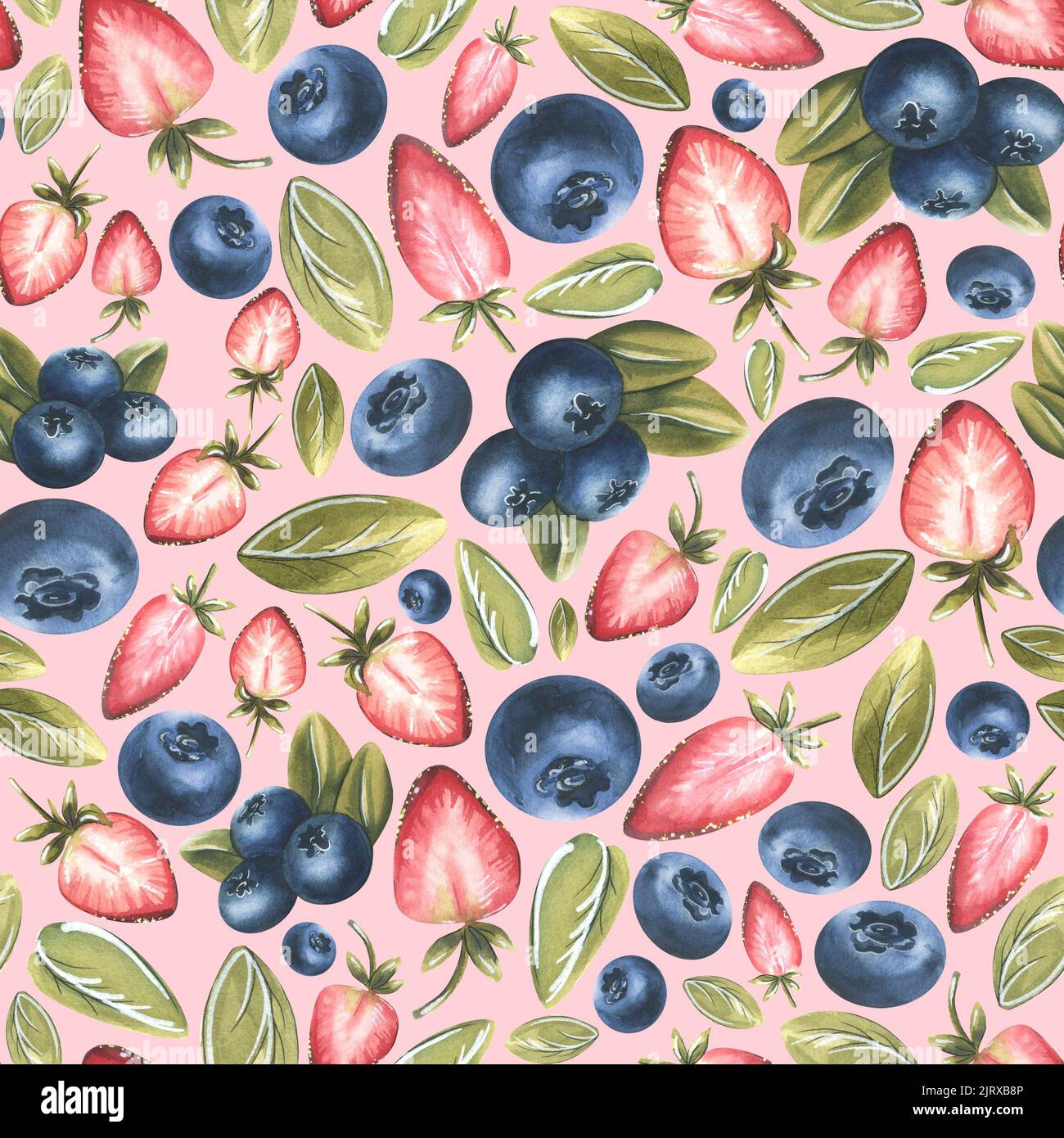 Strawberries and blueberries with leaves on a pink background ...