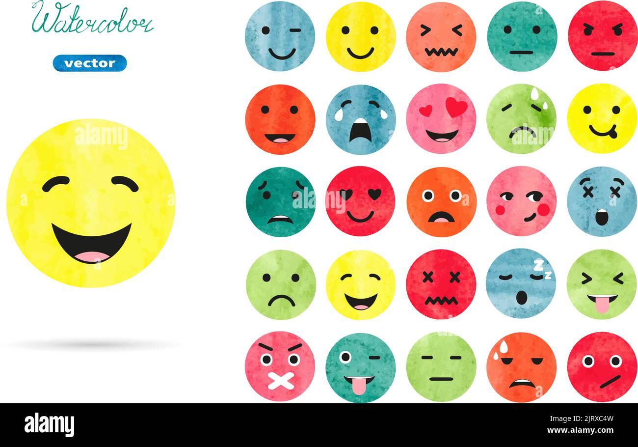Watercolor Emoticons Set Vector Collection Of Emotion Symbols Stock