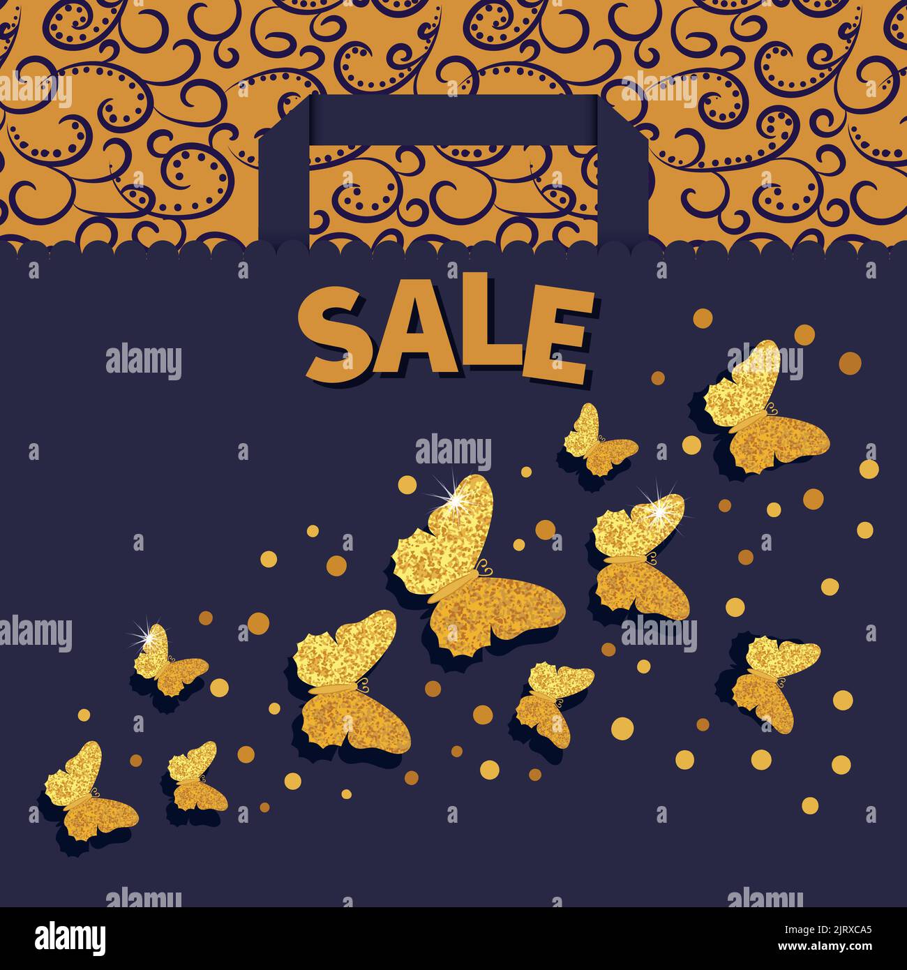 Luxury sale background with golden glittering butterflies. Discount vector illustration with paper shopping bag. Can be used as sale poster, banner Stock Vector