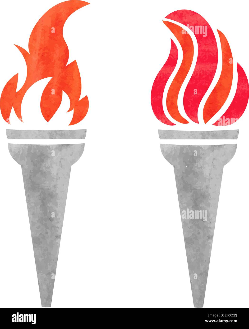 Two watercolor torches with flames isolated on white. Vector illustration Stock Vector