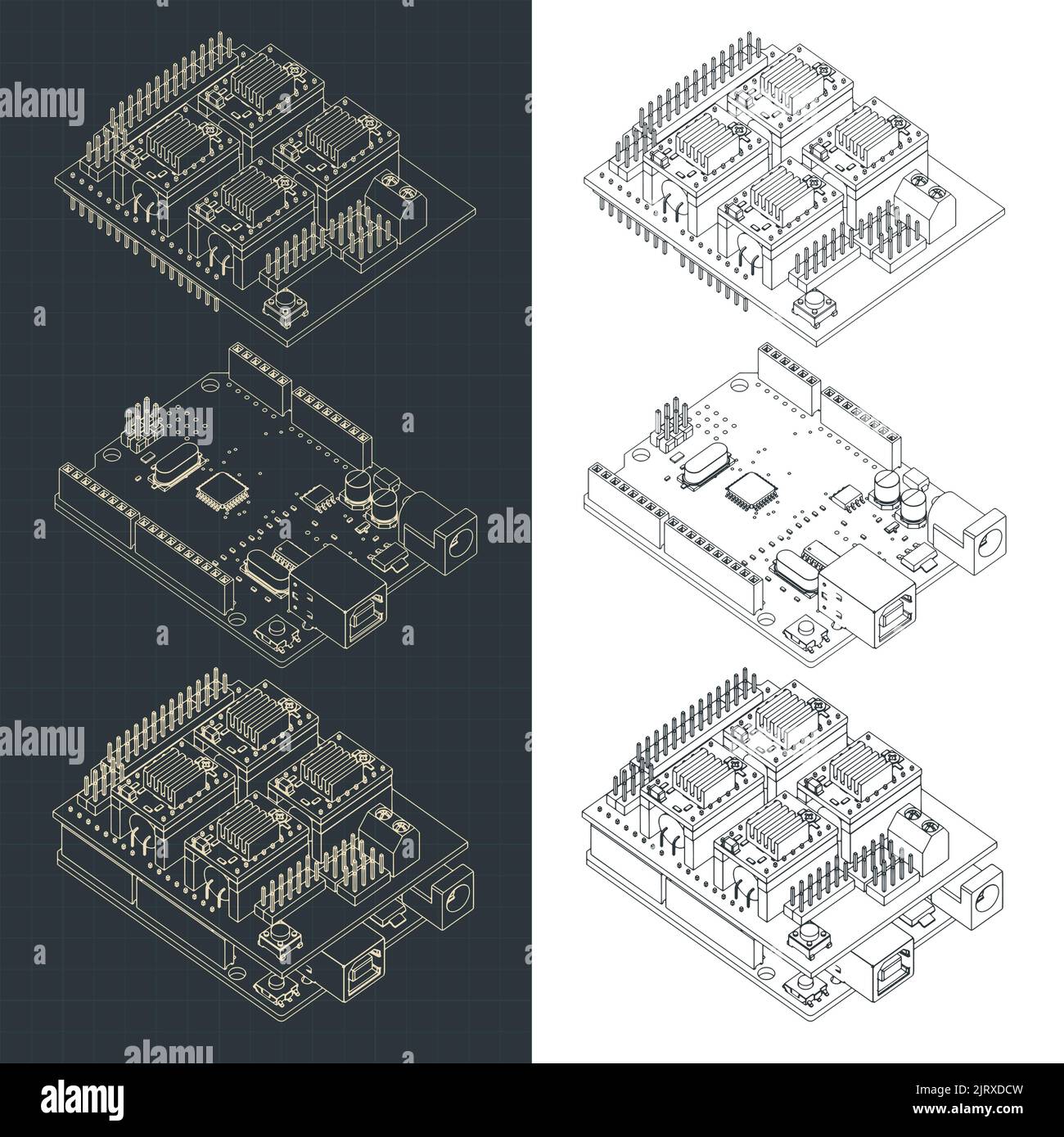 Stylized vector illustration of isometric blueprints of Arduino Uno and CNC shield Stock Vector