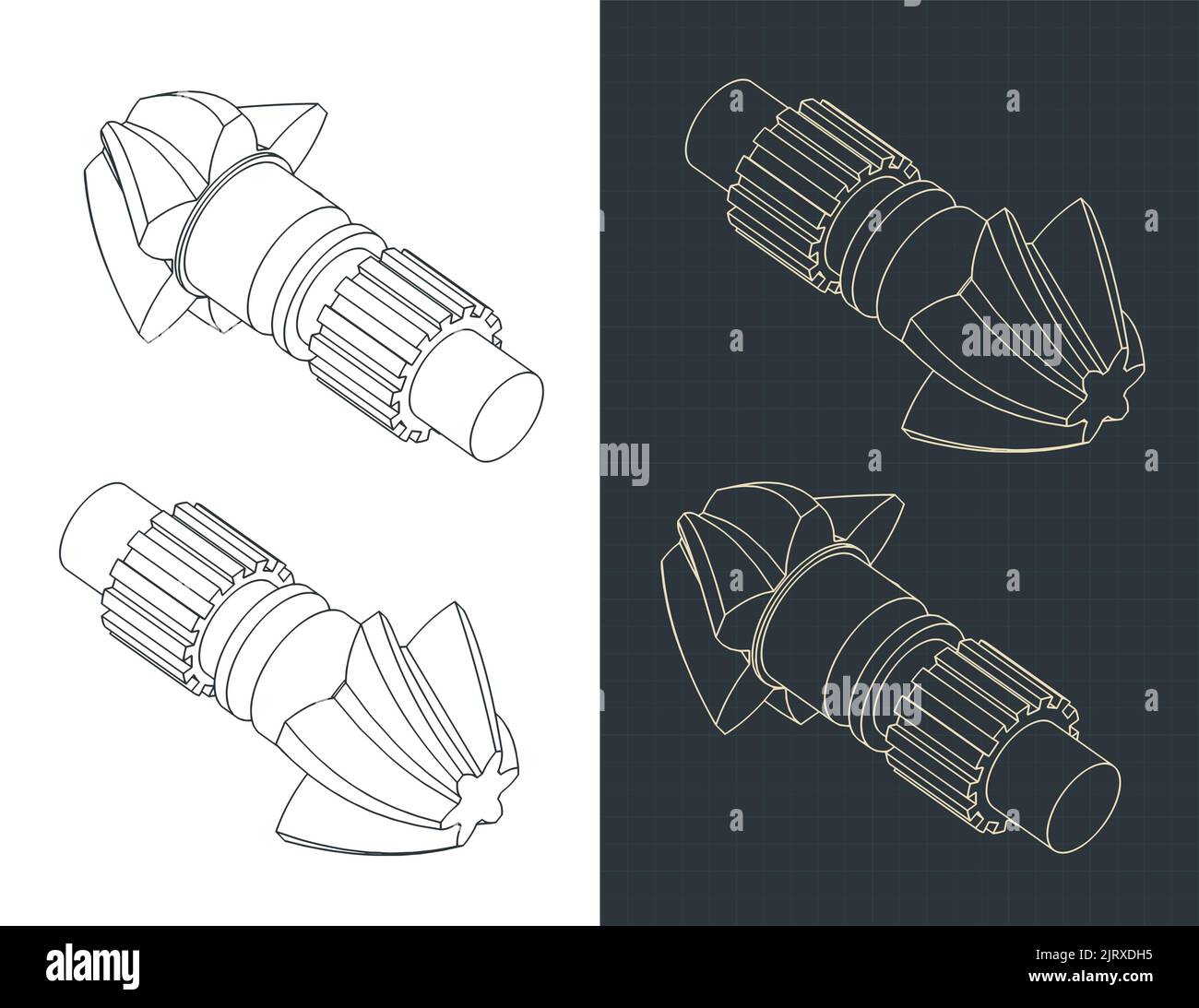 Stylized vector illustrations of isometric blueprints of hypoid gear ...