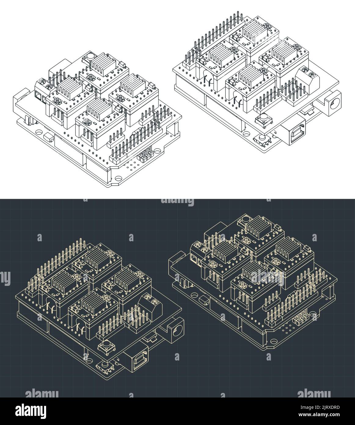 Stylized vector illustration of isometric blueprints of Arduino Uno and CNC shield Stock Vector