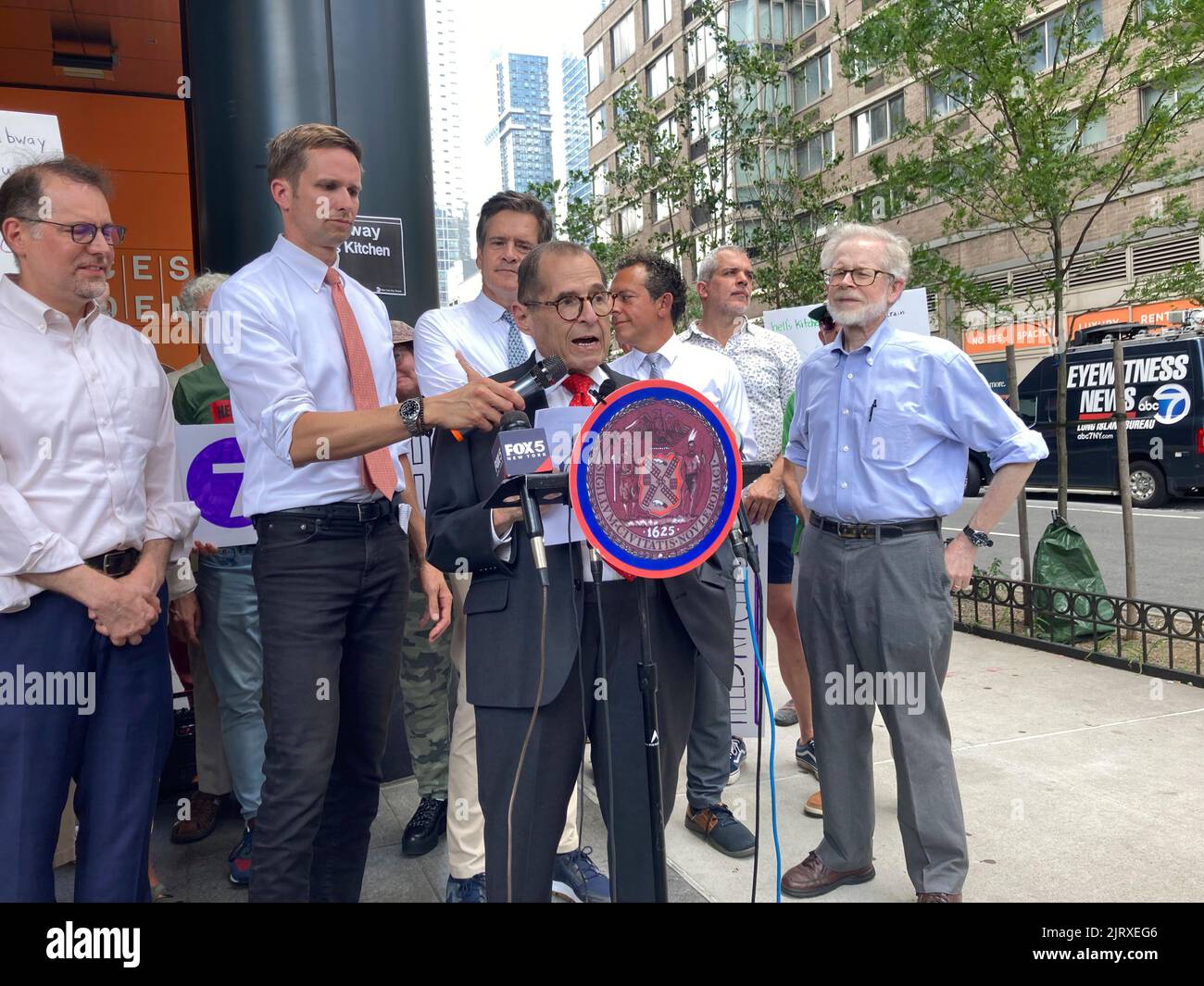 NY Congressman Jerrold Nadler joins transit advocates, elected officials and local leaders at a rally in the Hell’s Kitchen neighborhood  in New York on Tuesday, August 9, 2022 calling on the MTA to build the Tenth Avenue and 41st Street subway station that was originally planned on the Flushing Line Extension but was dropped because of costs. The area has achieved considerable growth in population and the station, which is actually excavated, would alleviate the distance residents have to walk to get to a train.  (© Frances M. Roberts) Stock Photo