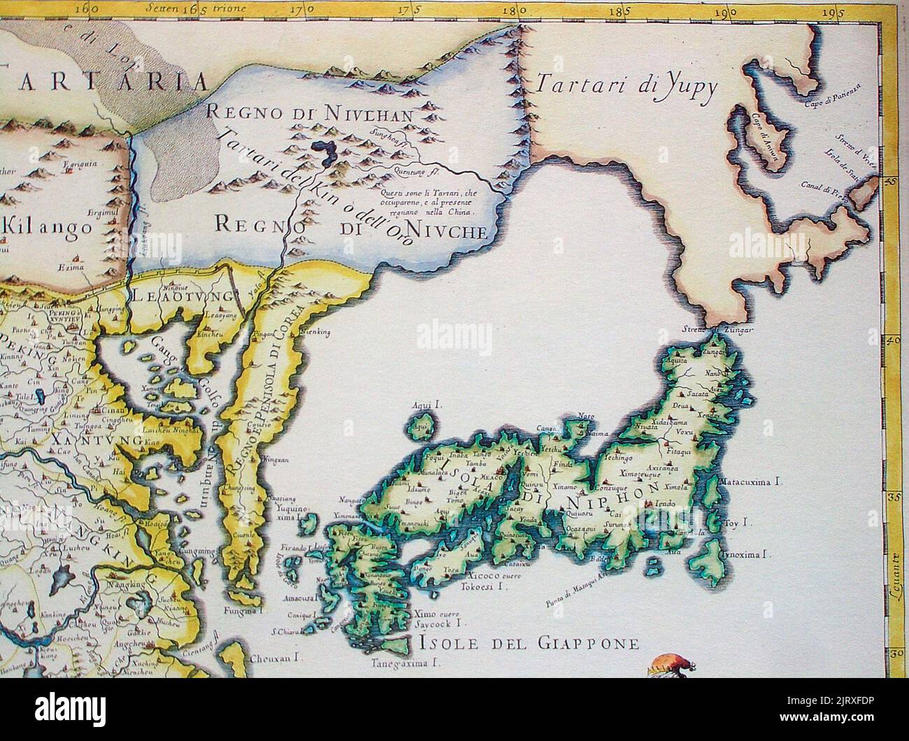 De Vries (1643) mapped Sakhalin's eastern promontories without realising that he had visited an island (map from 1682). Stock Photo