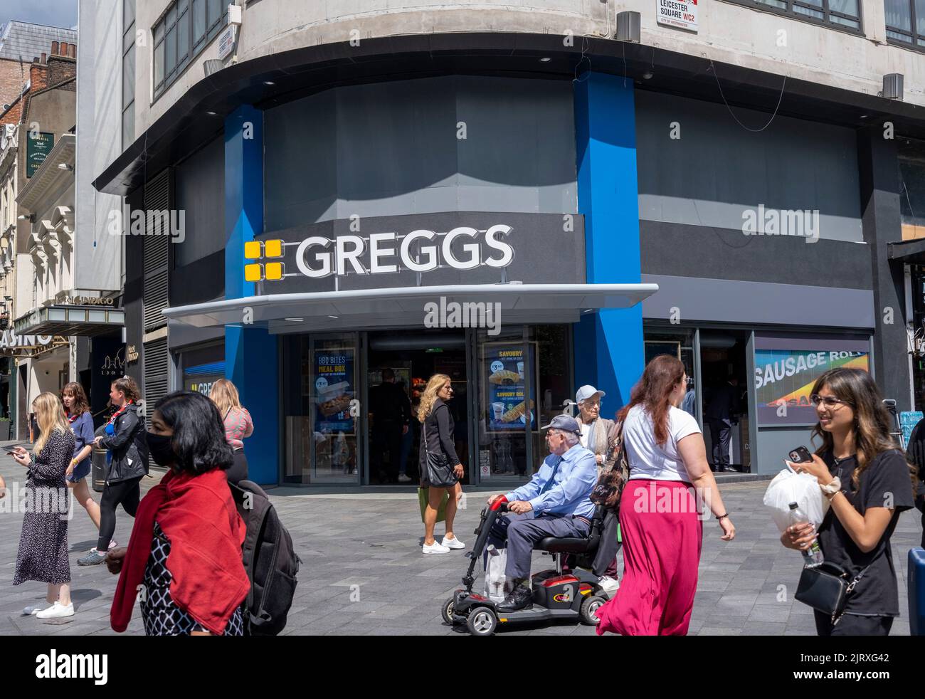 Greggs sales up 27% PH Jeff Moore 02/08/2022 Greggs new flagship store in Leicester Sq London Bakery chain Greggs said its sales jumped in the first h Stock Photo