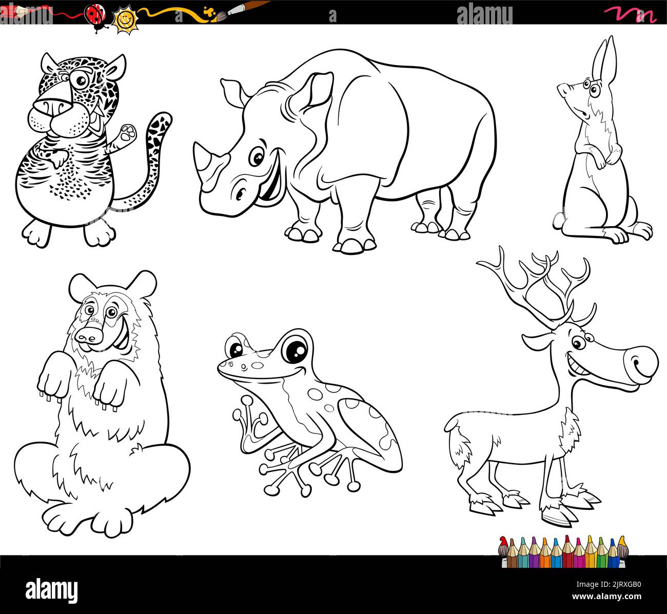 Black and white cartoon illustration of funny wild animals characters set coloring page Stock Vector