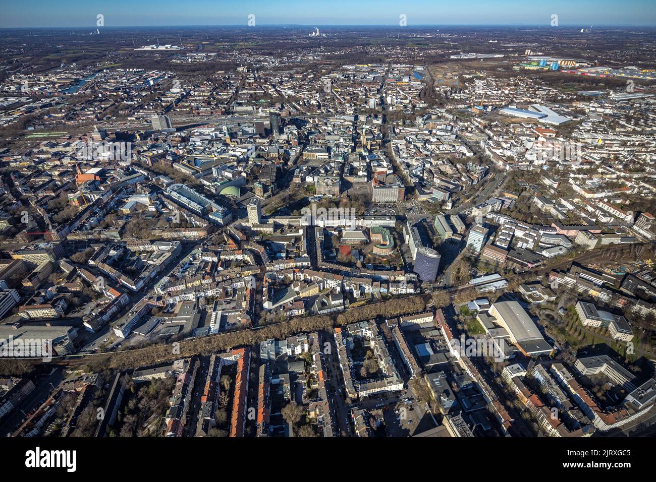 Aerial view, city centre with theatre, city hall, Friedensplatz and RWE Tower, City, Dortmund, Ruhr area, North Rhine-Westphalia, Germany, DE, Europe, Stock Photo