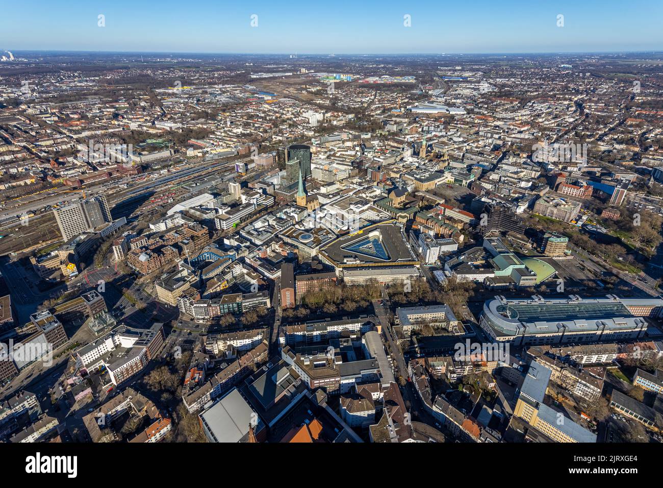 Aerial view, city centre with main station and RWE Tower, City, Dortmund, Ruhr area, North Rhine-Westphalia, Germany, DE, Europe, downtown, aerial pho Stock Photo