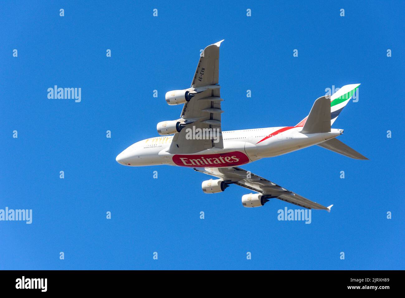 Emirates Airbus A380-842 aircraft taking off from Heathrow Airport, Greater London, England, United Kingdom Stock Photo
