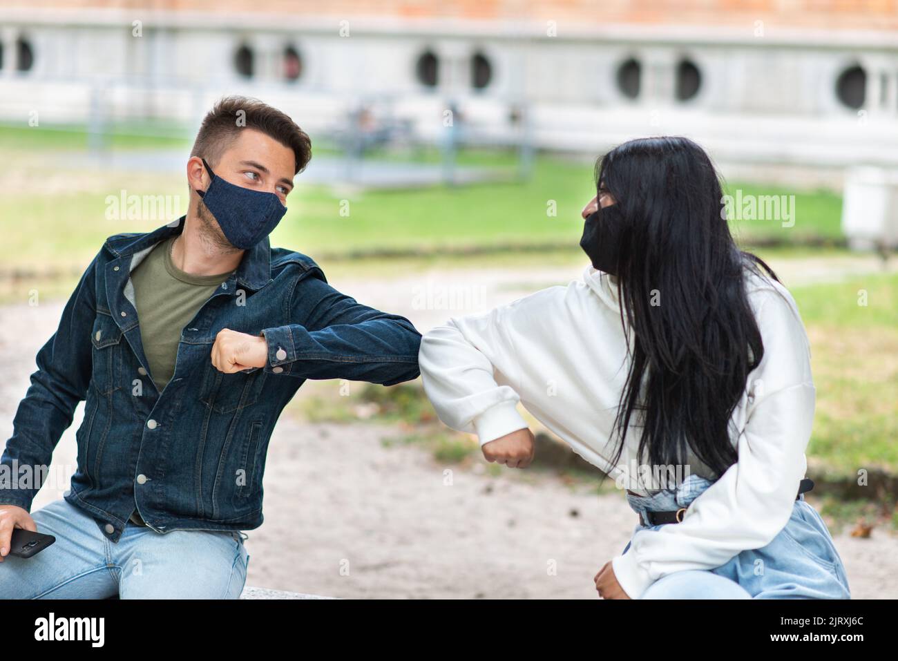 People meeting during coronavirus pandemic, safety concept Stock Photo ...