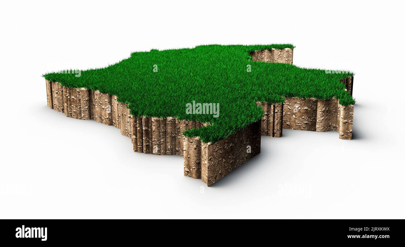 A Colombia Map soil land geology cross section with green grass and Rock ground texture 3d Stock Photo
