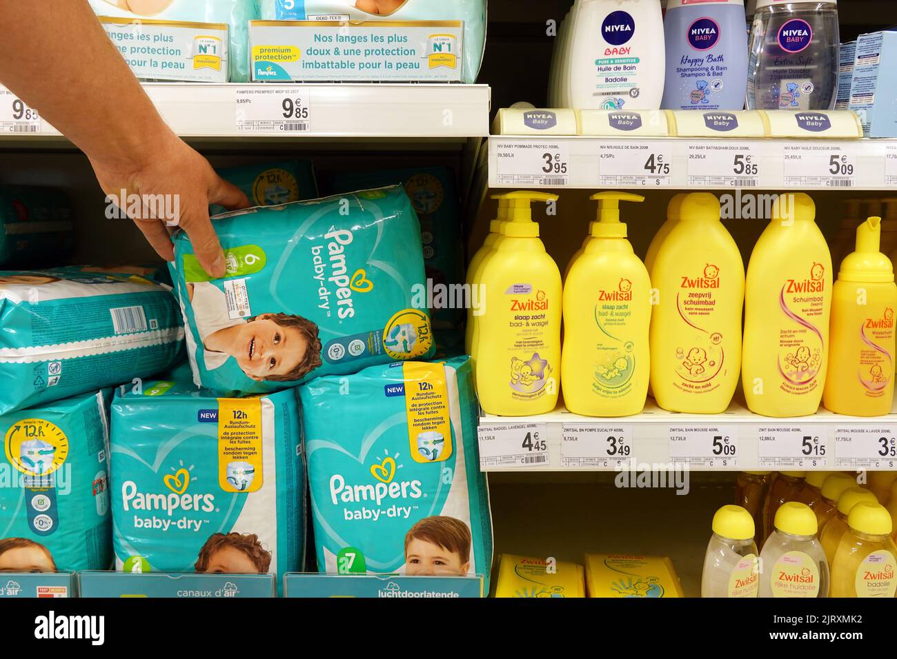 Diapers for sale in a supermarket Stock Photo