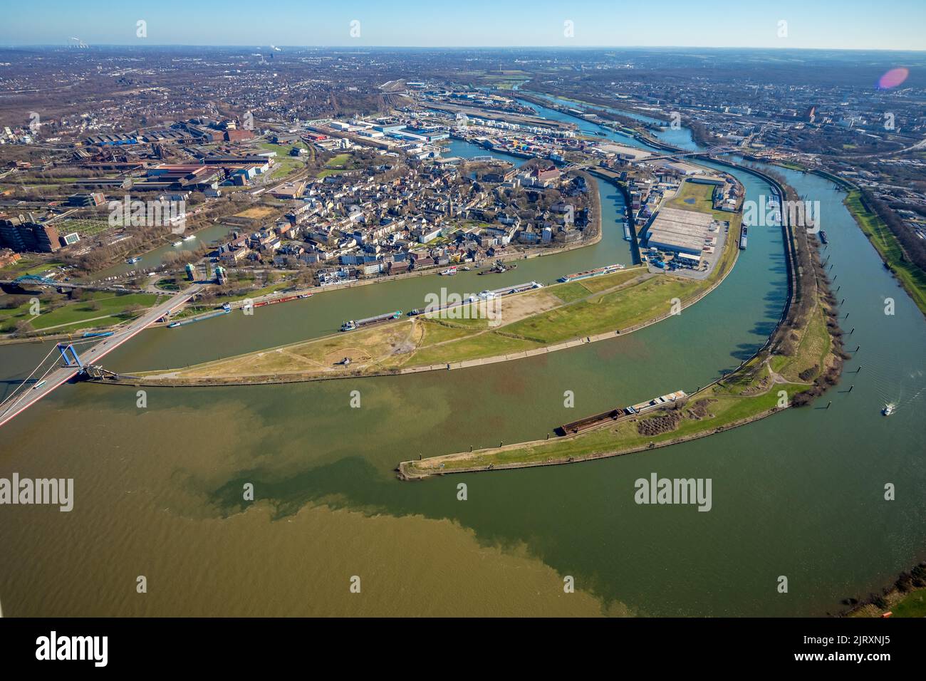 Rhine Ruh Aerial view, Duisburg harbor, Mercator island with river Ruhr mouth ...