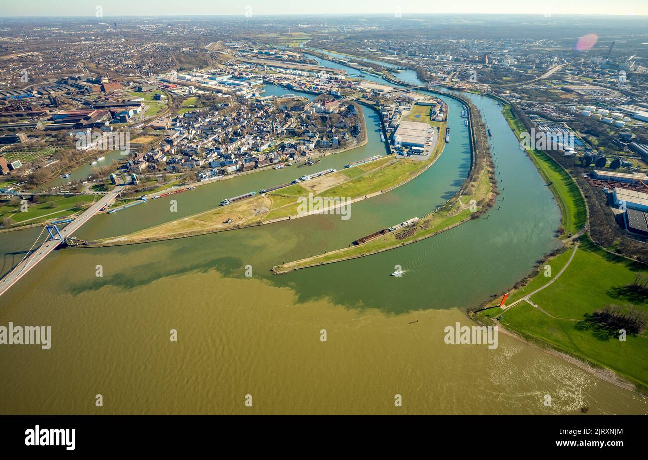 Rhine Ruh Aerial view, Duisburg harbor, Mercator island with river Ruhr mouth ...