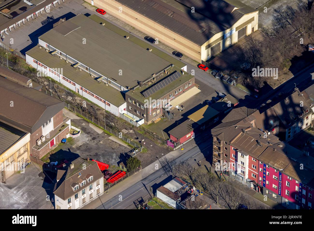 Aerial view, red light district Vulkanstraße and Charlottenstraße, old town, Duisburg, Ruhr area