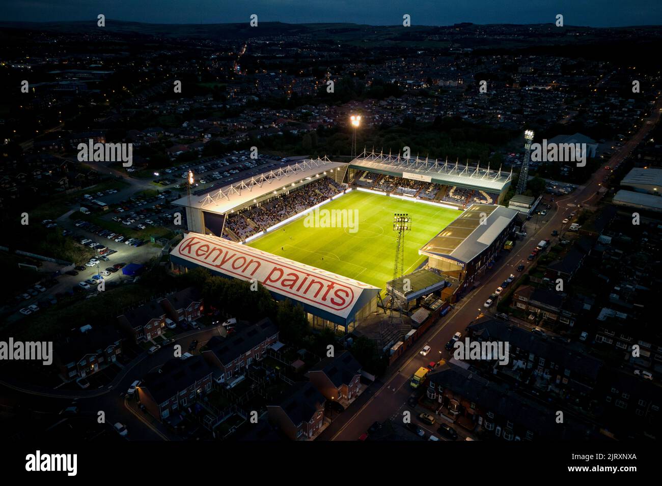 Oldham, UK. 26th Aug, 2022. An aerial view of Boundary Park during the