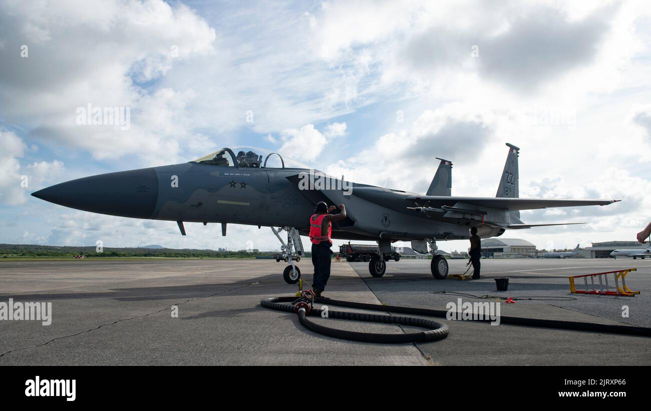 A crew chief assigned to the 44th Aircraft Maintenance Unit marshals an ...