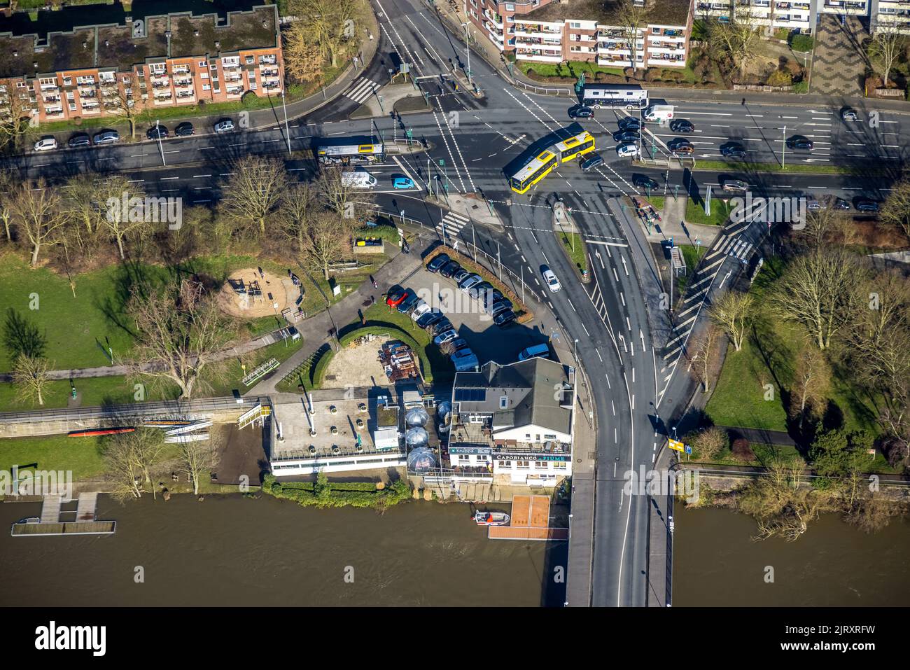 Aerial view, river Ruhr flooding at the Ruhr bank crossing Hengler Straße and KurtSchumacher Aerial view, river Ruhr flooding at the Ruhr bank crossing Hengler Straße and KurtSchumacher