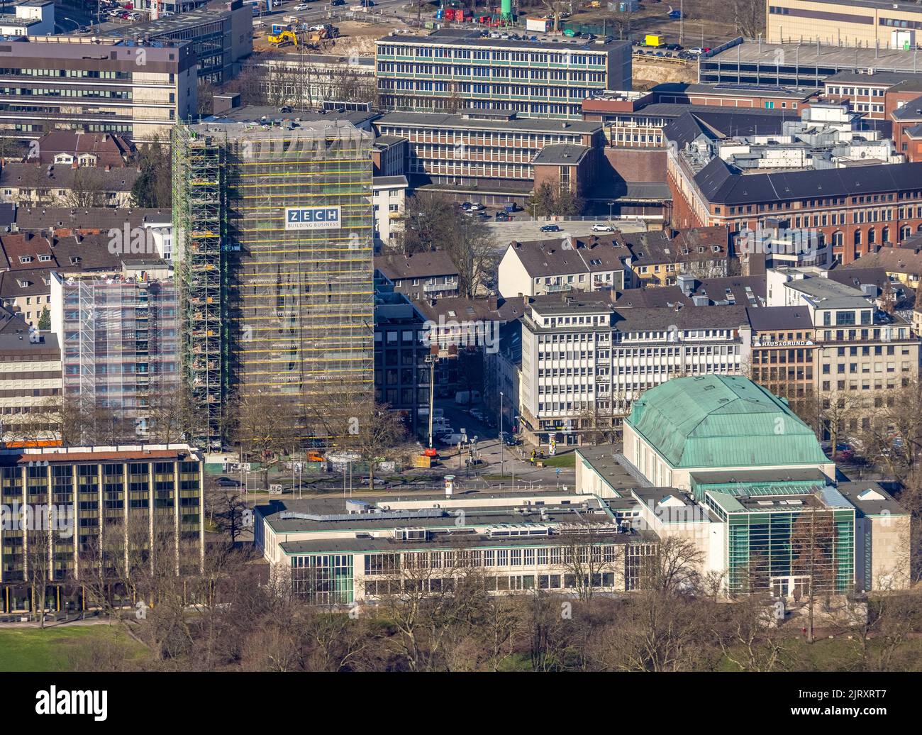 Aerial view, Philharmonie Essen as well as construction site new
