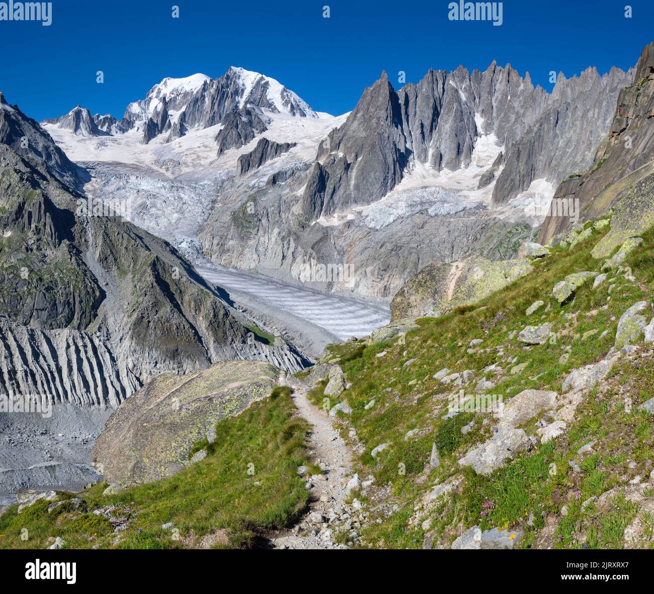 The Mont Blanc massif and  Les Aiguilles towers - Savoy alps. Stock Photo
