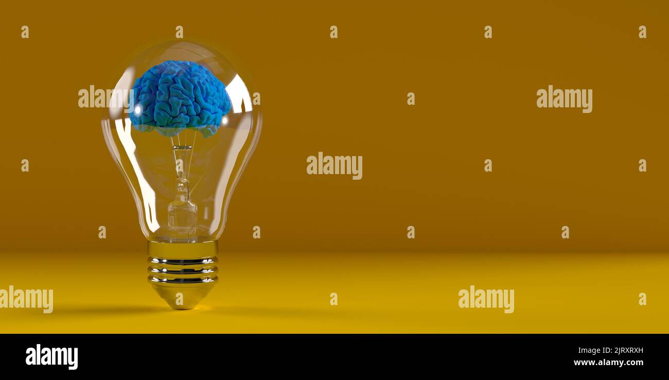 Human brain inside electric light bulb on blank yellow background with large copy space. 3D rendering realistic illustration of blue brain icon.Symbol Stock Photo