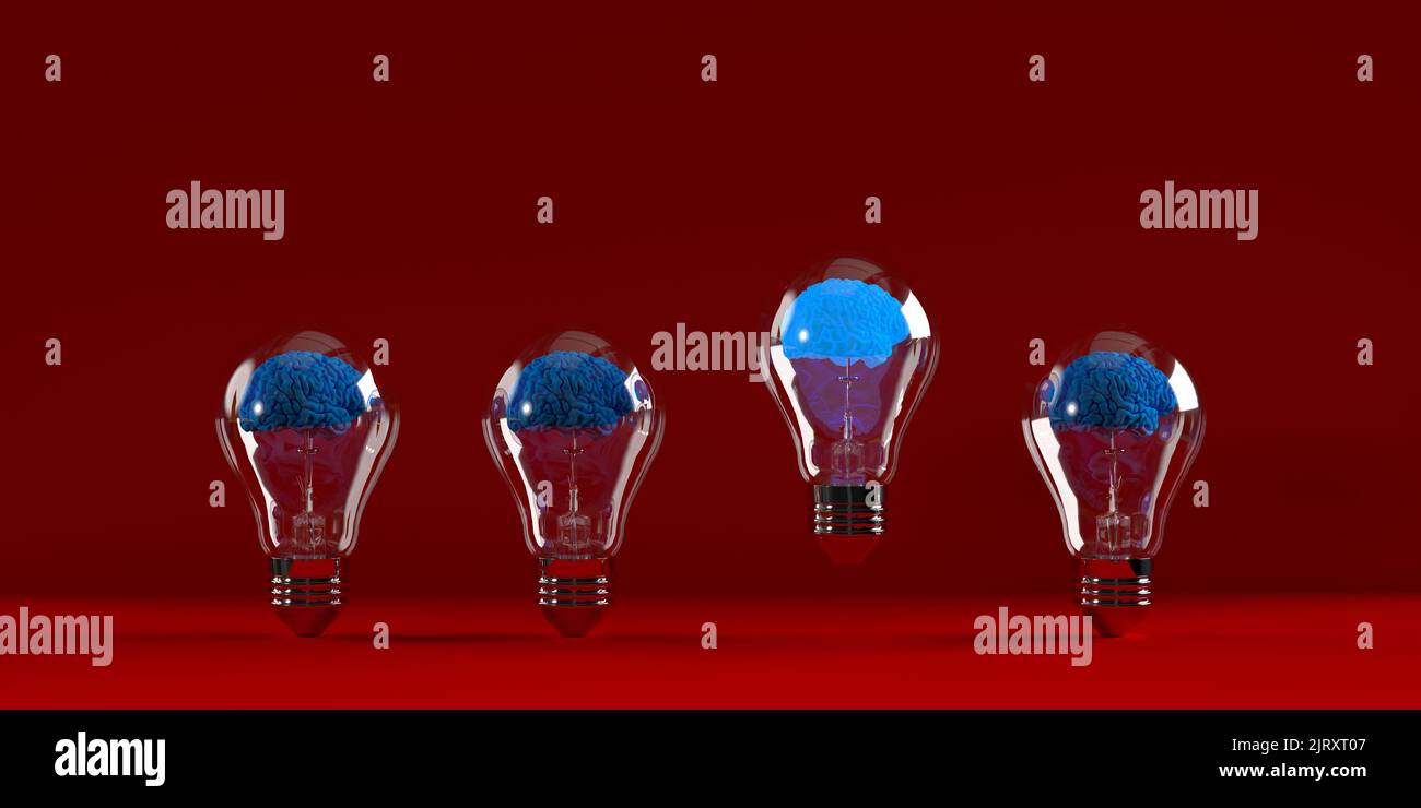 Brainstorming group of human brains inside electric light bulb on red background with copy space. 3D rendering realistic illustration of blue brain Stock Photo