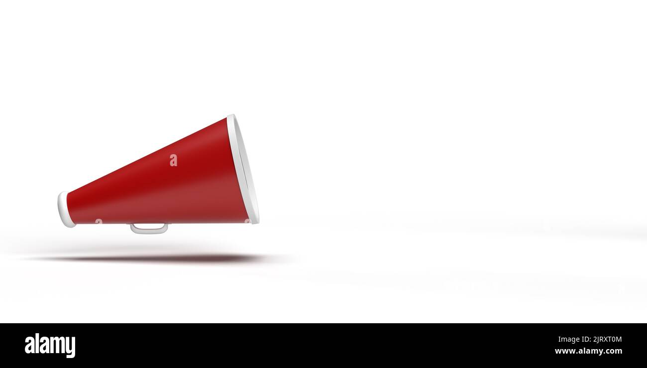 Red and White Megaphone design on white background with place for your text. Flat illustration. Portable Bullhorn 3D render icon. commercial announce Stock Photo