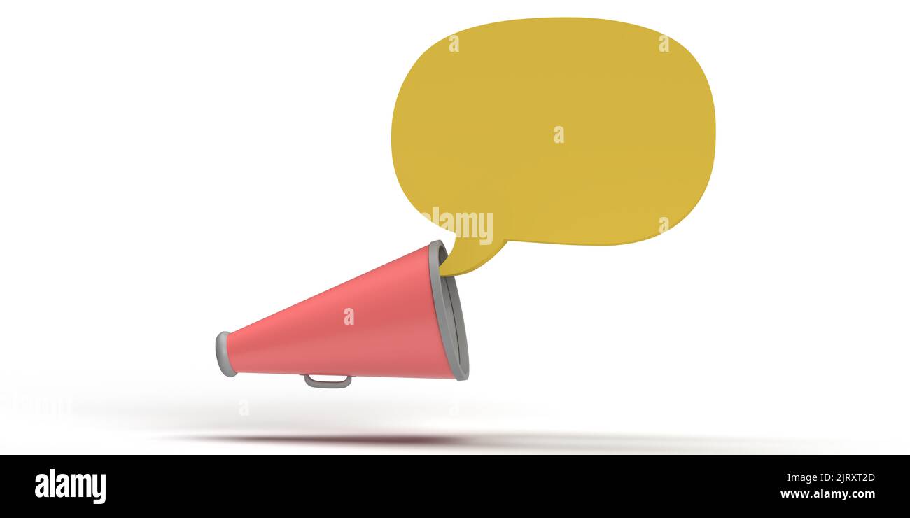 Megaphone and blank speech bubble design on white background with place for your text. Flat illustration. 3D rendering megaphone. yellow chat balloon Stock Photo