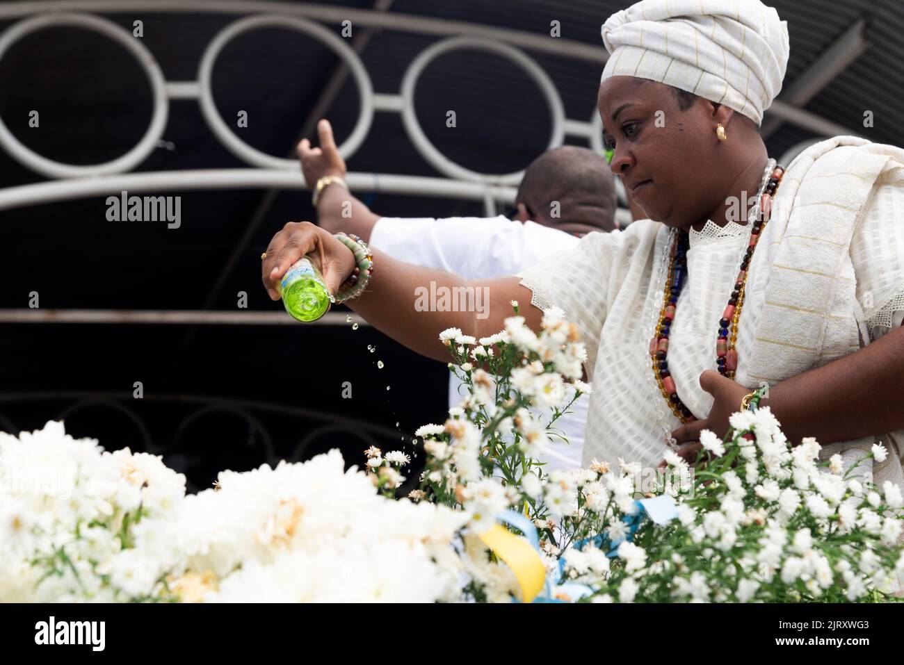 A view of Members of the Candomble religion during a religious celebration in a terreiro in the city Stock Photo