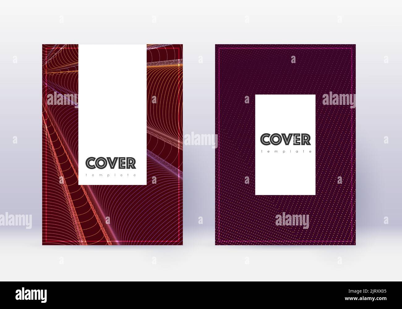 Hipster cover design template set. Orange abstract lines on wine red