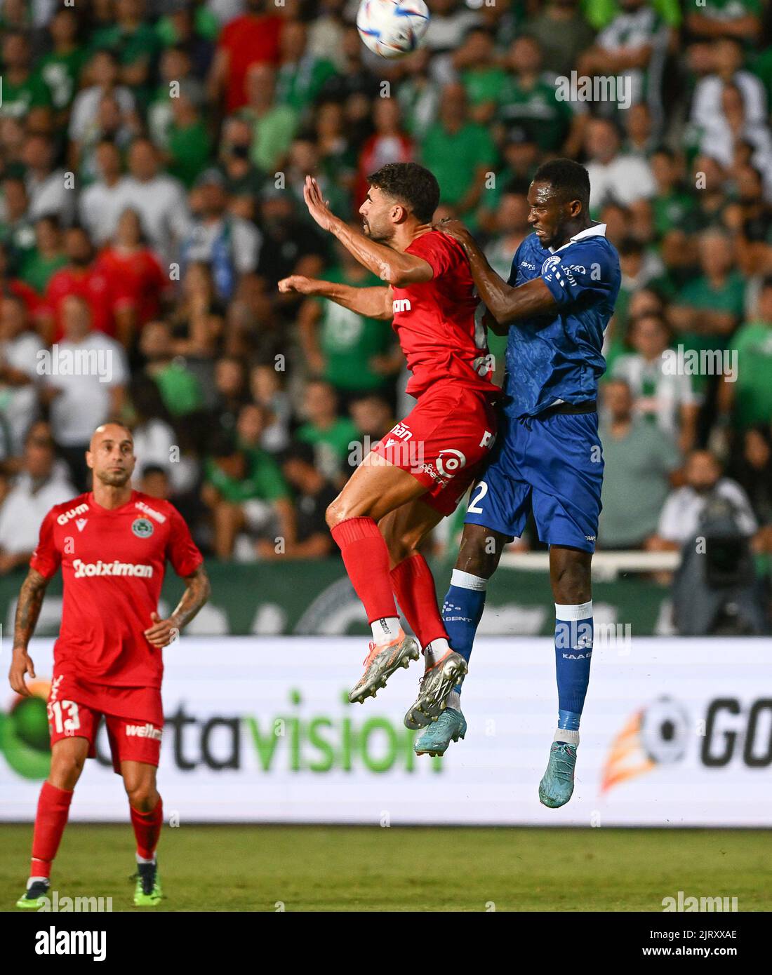 Omonia's Panagiotis Zachariou and Gent's Sulayman Marreh fight for the ball during a soccer game between Cypriot Omonia Nicosia and Belgian KAA Gent in Nicosia, Cyprus on Thursday 25 August 2022, the return leg of the play-offs for the UEFA Europa League competition. BELGA PHOTO DAVID CATRY Stock Photo