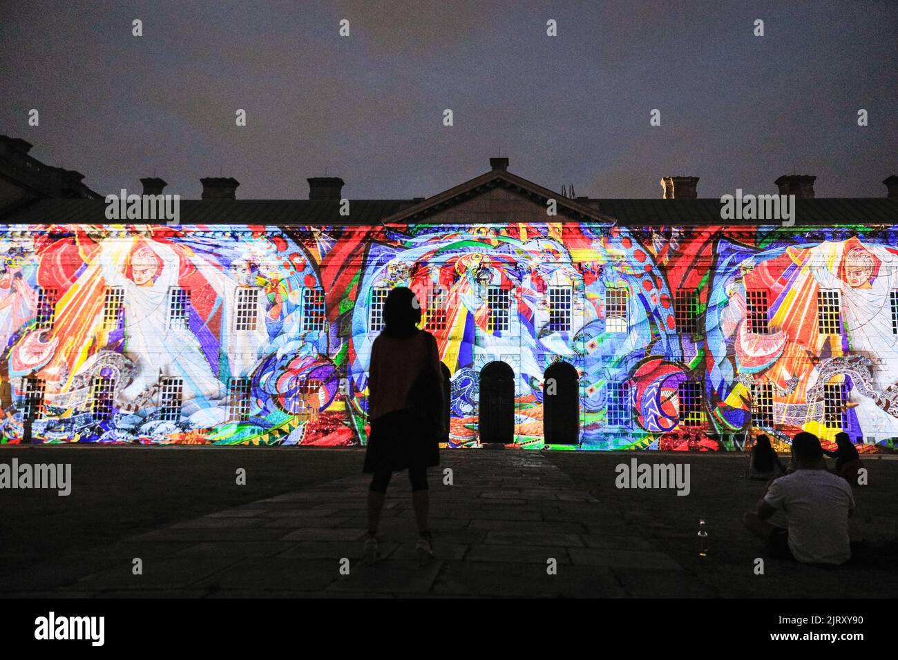 London, UK. 26th Aug, 2022. Light projections in Discover Ukraine: Bits Destroyed bring to life traditional Ukrainian mosaics on the walls of the Old Royal Naval College, as part of Greenwich and Docklands International Festival. Ukraine's rich cultural heritage is under devastating attack. In response, Kyiv-based photographer Yevgen Nikiforov and the Ukrainian creative team of ROCK ‘N' LIGHT STUDIO and PTAKH JUNG have designed this dazzling digital artwork. The projections run until 29th August. Credit: Imageplotter/Alamy Live News Stock Photo