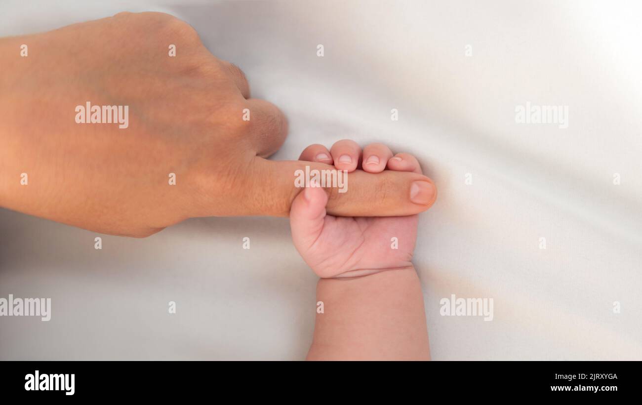 The newborn is holding a finger of mother on a white sheet bed background. A baby boy squeezes a finger of parent. Family and home concept with copy s Stock Photo